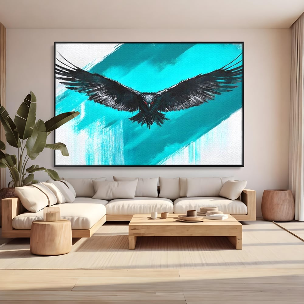 Tablou canvas cu tablou canvas cu vultur in zbor, in rama de aluminiu negru, pe perete intr-un living